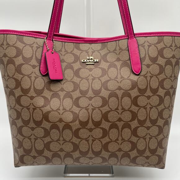 COACH Signature City Tote Bag, Khaki and Pink Leather - Picture 4 of 13
